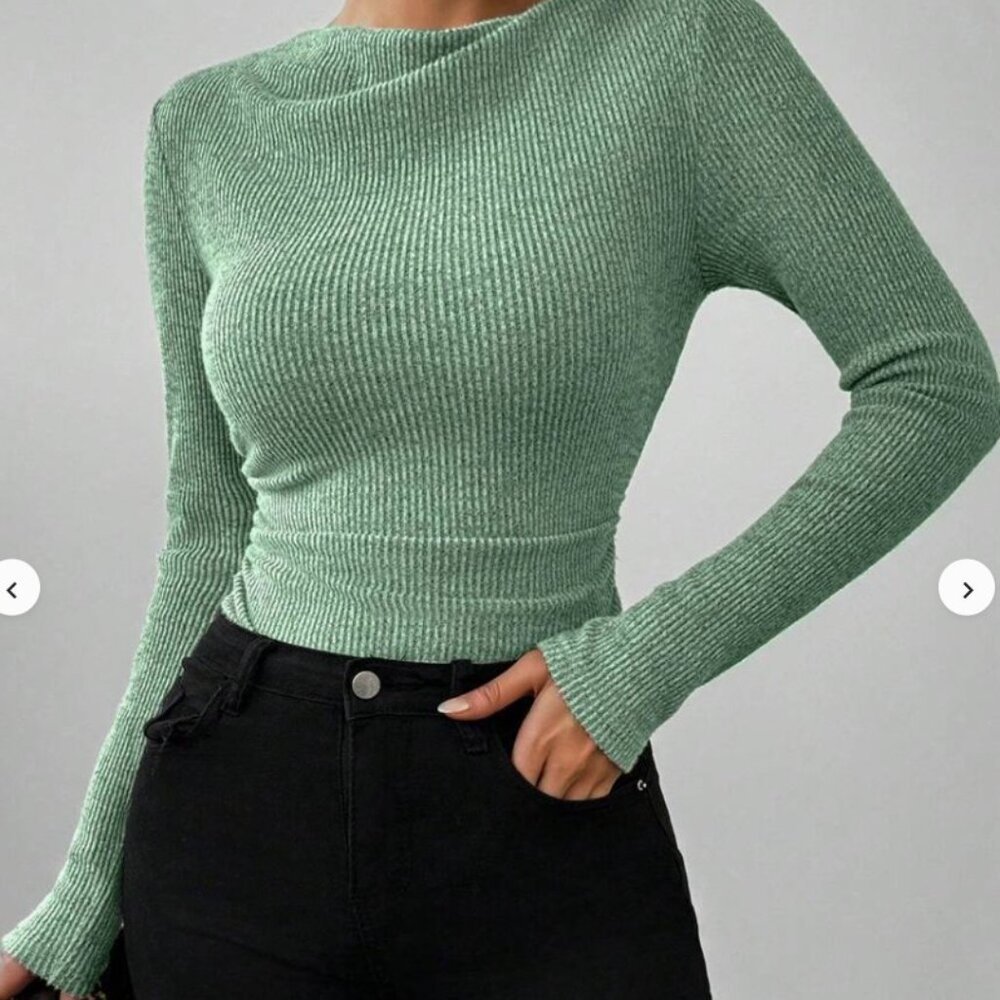 💚 SHEIN Ribbed Long Sleeve Bodysuit Olive Green Size M